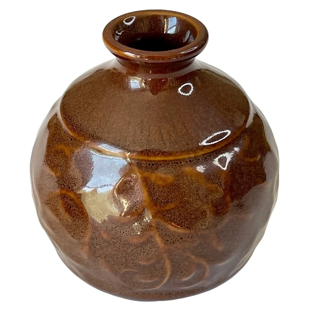 Pair of 4 inch Brown Mini Ceramic Bud Vase Glass Snuff Jar